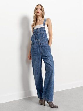 VINTAGE DENIM OVERALLS Baggy Jean Dungarees Faded Pockets Wide Leg / Medium